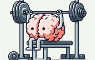 Cartoon picture of a brain working out with gym equipment